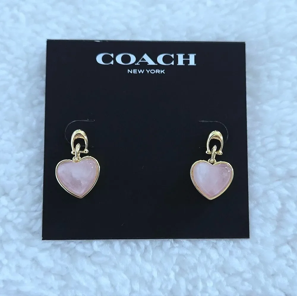 Coach Carved Rose🌹Quartz Heart💕 Drop Earrings